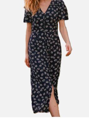 Fat Face Francis Daisy navy blue short sleeve button front midi dress